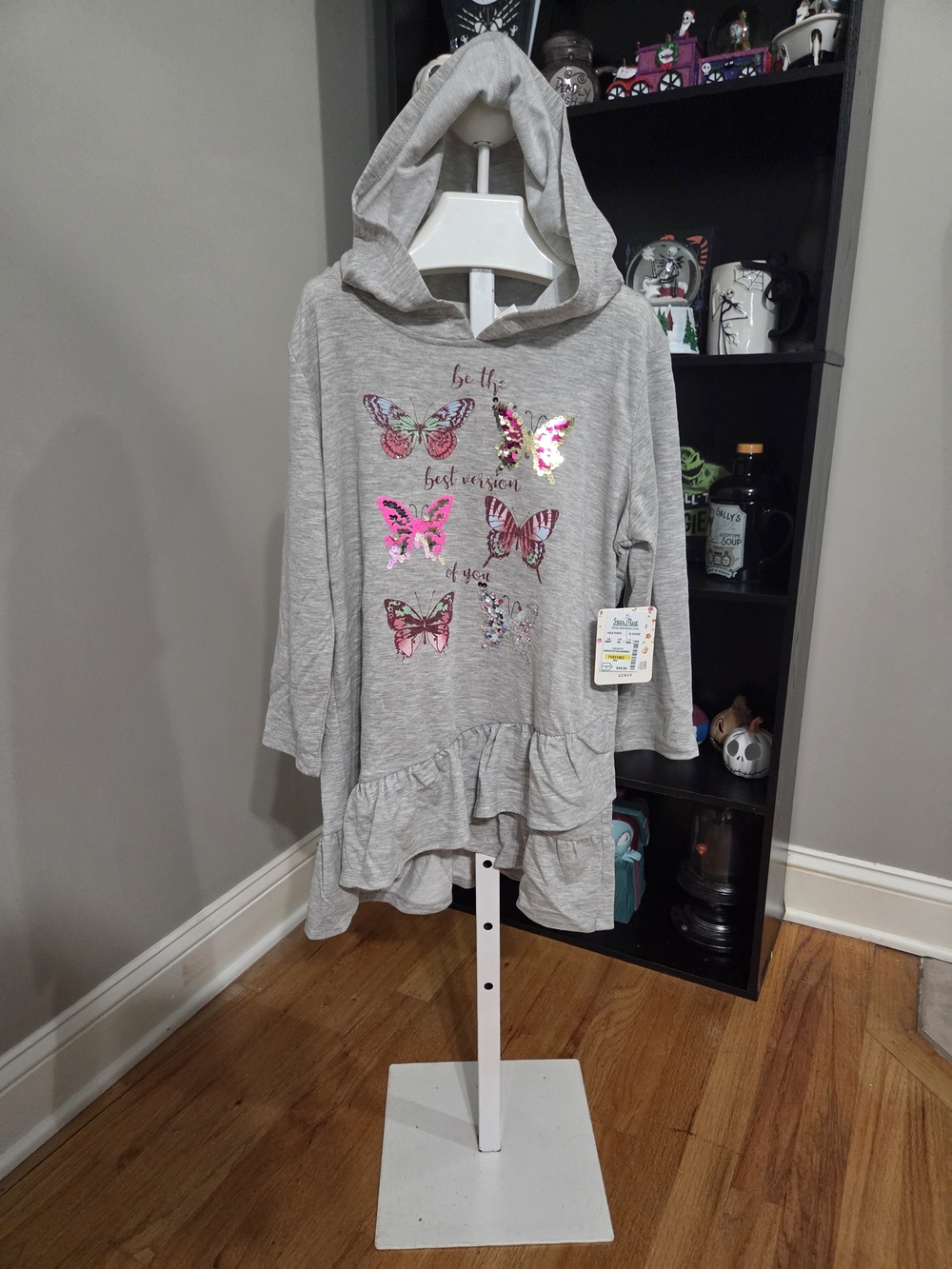 Belle Du Jour Gray Hooded Ruffle Top with Sequin Butterflies